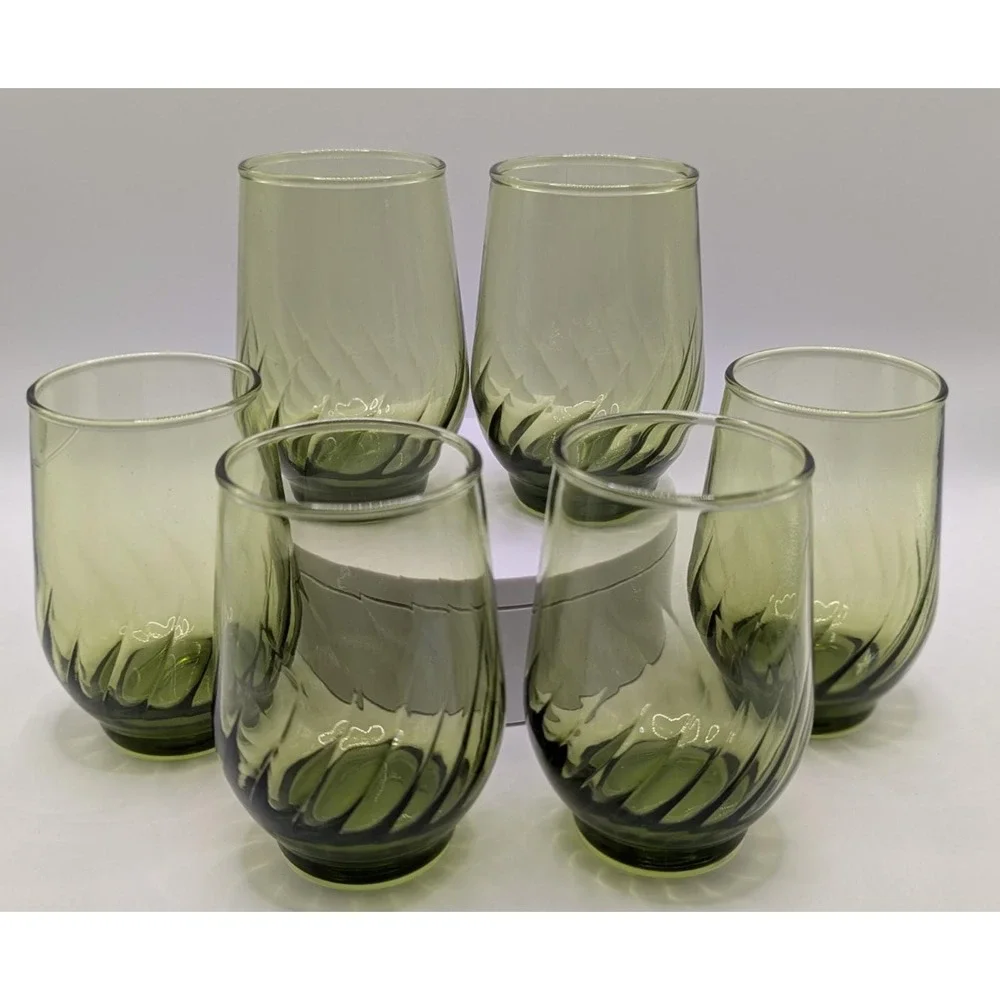 Vintage Juice Glass Anchor Hocking (Avocado) Regal Green Swirl Glasses Set of 6